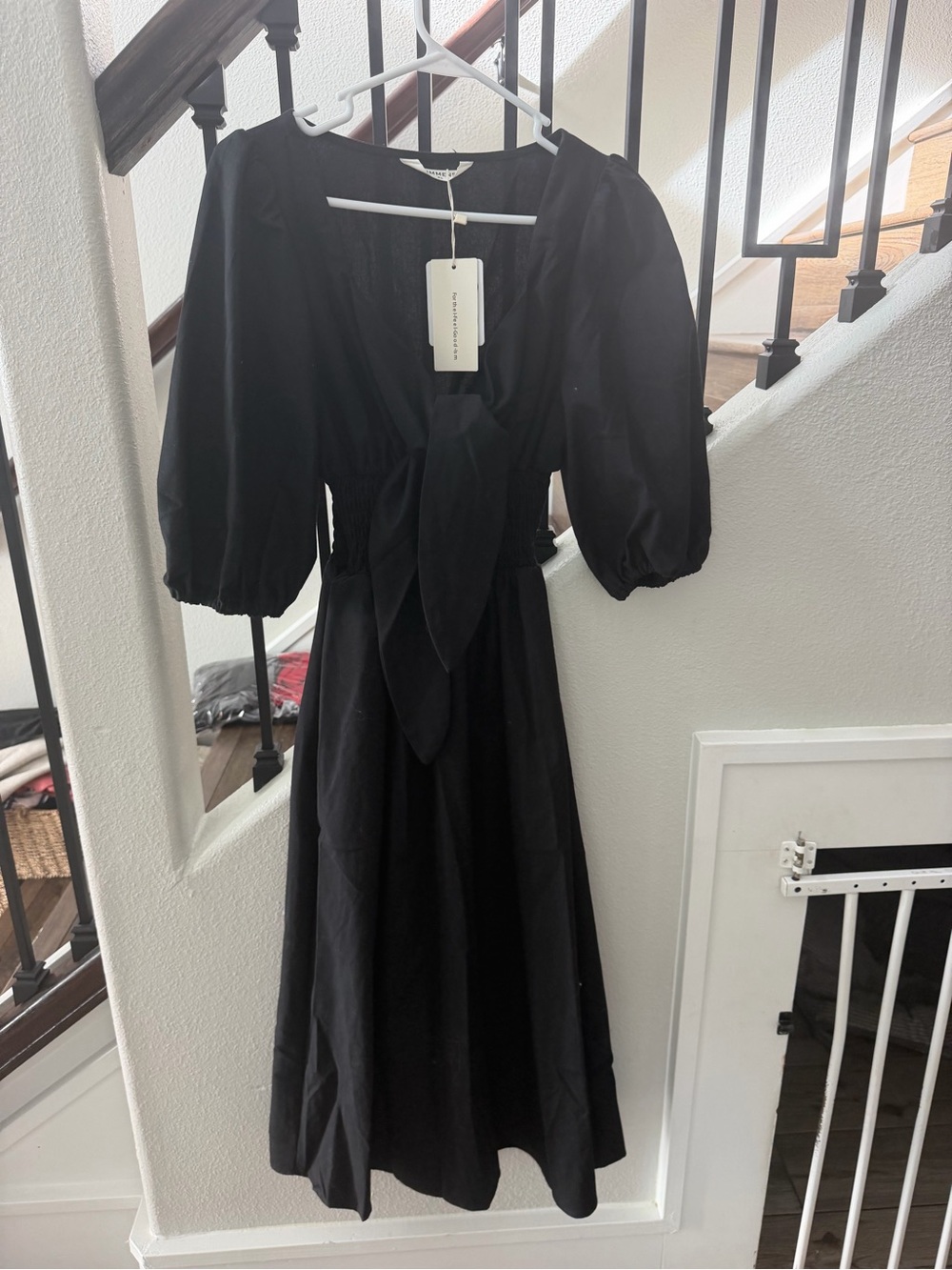 Commense Black Tie-Front Puff Sleeve Midi Dress